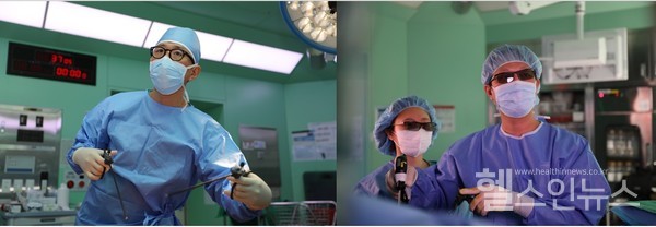 공여자 복강경 간절제술을 시행하고 있는 한림대학교동탄성심병원 외과 유태석(좌)․조원태(우) 교수